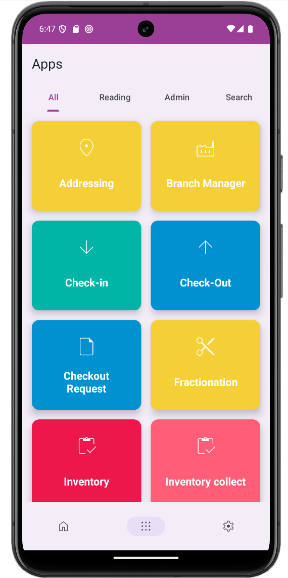 App SMARTCON Industrial em um coletor Android, mostrando os módulos do sistema